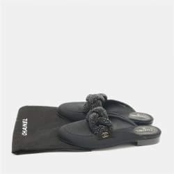Pre Owned Chanel Black Fabric Crystal Embellished Braid Detail CC Mules Size 36.5