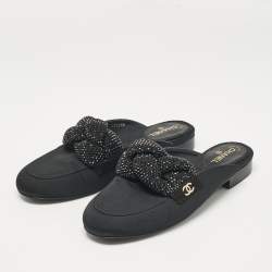 Pre Owned Chanel Black Fabric Crystal Embellished Braid Detail CC Mules Size 36.5