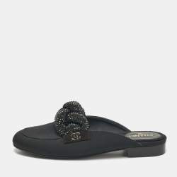 Pre Owned Chanel Black Fabric Crystal Embellished Braid Detail CC Mules Size 36.5
