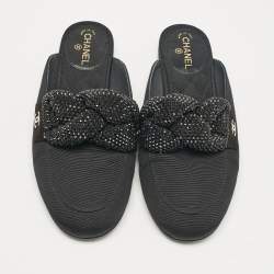 Pre Owned Chanel Black Fabric Crystal Embellished Braid Detail CC Mules Size 36.5
