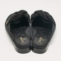 Pre Owned Chanel Black Fabric Crystal Embellished Braid Detail CC Mules Size 36.5
