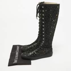 Chanel Black Canvas and Leather Camellia Knee Length Boots Size 39