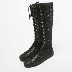 Chanel Black Canvas and Leather Camellia Knee Length Boots Size 39