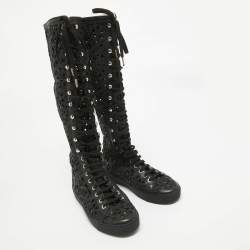 Chanel Black Canvas and Leather Camellia Knee Length Boots Size 39