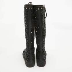 Chanel Black Canvas and Leather Camellia Knee Length Boots Size 39