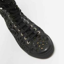 Chanel Black Canvas and Leather Camellia Knee Length Boots Size 39
