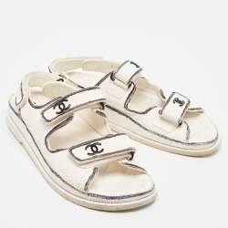Pre Owned Chanel White/Black Leather Dad Slingback Sandals Size 40