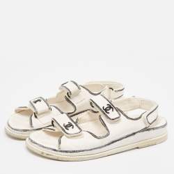 Pre Owned Chanel White/Black Leather Dad Slingback Sandals Size 40