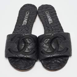 Pre Owned Chanel Black Leather CC Flat Slides Size 38