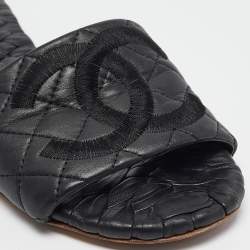 Pre Owned Chanel Black Leather CC Flat Slides Size 38