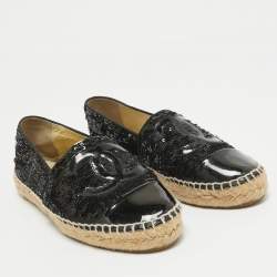 Pre Owned Chanel Black Patent Leather and Sequins CC Espadrille Flats Size 38