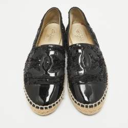 Pre Owned Chanel Black Patent Leather and Sequins CC Espadrille Flats Size 38