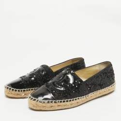 Pre Owned Chanel Black Patent Leather and Sequins CC Espadrille Flats Size 38