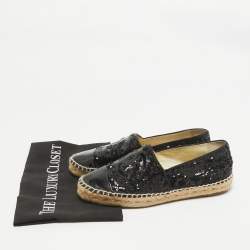 Pre Owned Chanel Black Patent Leather and Sequins CC Espadrille Flats Size 38