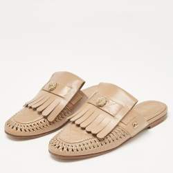 Chanel Beige Quilted Leather Lion Fringe Flat Mules Size 38