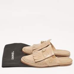 Chanel Beige Quilted Leather Lion Fringe Flat Mules Size 38