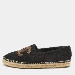 Chanel Black Tweed CC Espadrille Flats Size 38