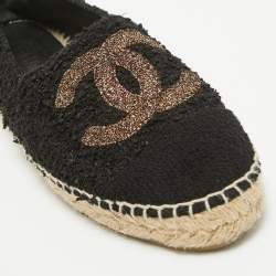 Chanel Black Tweed CC Espadrille Flats Size 38