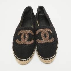 Chanel Black Tweed CC Espadrille Flats Size 38