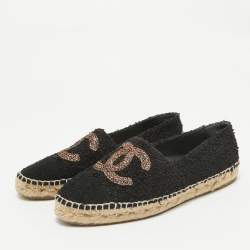 Chanel Black Tweed CC Espadrille Flats Size 38