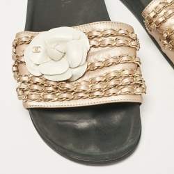 Chanel Metallic Leather CC Camellia Chain Link Detail Slides Size 40