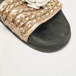 Chanel Metallic Leather CC Camellia Chain Link Detail Slides Size 40