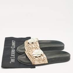 Chanel Metallic Leather CC Camellia Chain Link Detail Slides Size 40