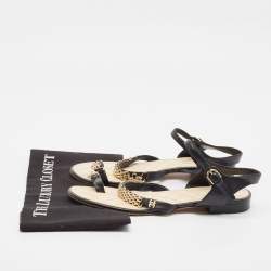 Pre Owned Chanel Black Leather CC Chain Detail Ankle Strap Flat Sandals Size 40