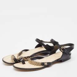 Pre Owned Chanel Black Leather CC Chain Detail Ankle Strap Flat Sandals Size 40
