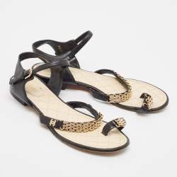 Pre Owned Chanel Black Leather CC Chain Detail Ankle Strap Flat Sandals Size 40