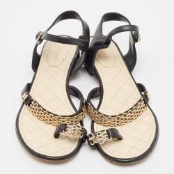 Pre Owned Chanel Black Leather CC Chain Detail Ankle Strap Flat Sandals Size 40