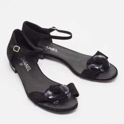 Chanel Black Suede Ankle Strap Flat Sandals Size 40