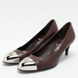 Pre Owned Chanel Brown Leather CC Metal Cap Toe Pumps Size 38