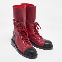 Chanel Red/Black Leather Combat Boots Size 40