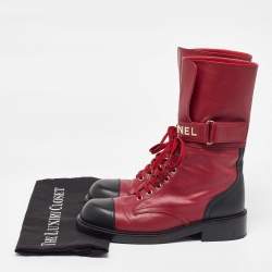 Chanel Red/Black Leather Combat Boots Size 40