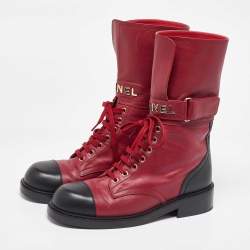 Chanel Red/Black Leather Combat Boots Size 40
