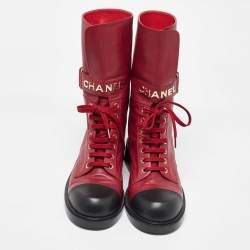 Chanel Red/Black Leather Combat Boots Size 40
