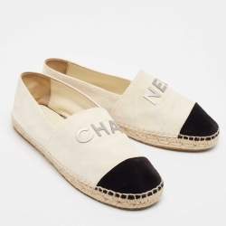 Pre Owned Chanel Cream/Black Velvet  Espadrille Flats Size 40