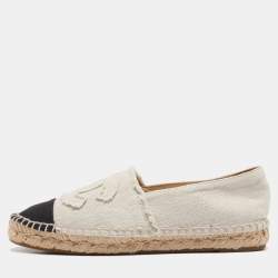 Pre Owned Chanel White/Black Canvas CC Espadrille Flats Size 37