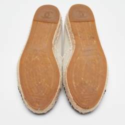 Pre Owned Chanel White/Black Canvas CC Espadrille Flats Size 37