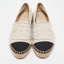 Pre Owned Chanel White/Black Canvas CC Espadrille Flats Size 37