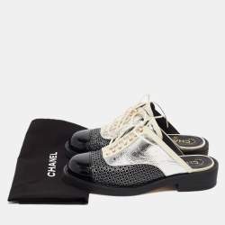 Chanel Black/Silver Patent and Leather CC Lace Up Mules Size 36