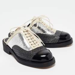 Chanel Black/Silver Patent and Leather CC Lace Up Mules Size 36
