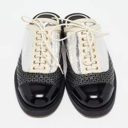 Chanel Black/Silver Patent and Leather CC Lace Up Mules Size 36