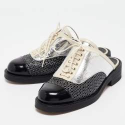 Chanel Black/Silver Patent and Leather CC Lace Up Mules Size 36