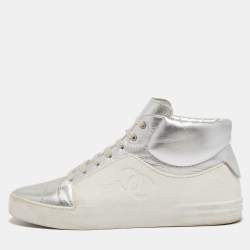 Pre Owned Chanel White/Silver Leather and Rubber High Top Sneakers Size 39