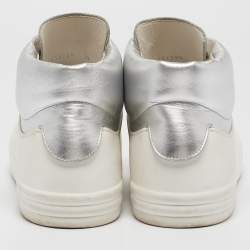 Pre Owned Chanel White/Silver Leather and Rubber High Top Sneakers Size 39