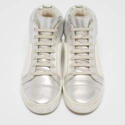 Pre Owned Chanel White/Silver Leather and Rubber High Top Sneakers Size 39