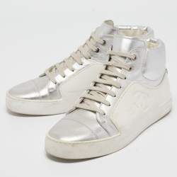Pre Owned Chanel White/Silver Leather and Rubber High Top Sneakers Size 39