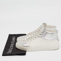 Pre Owned Chanel White/Silver Leather and Rubber High Top Sneakers Size 39